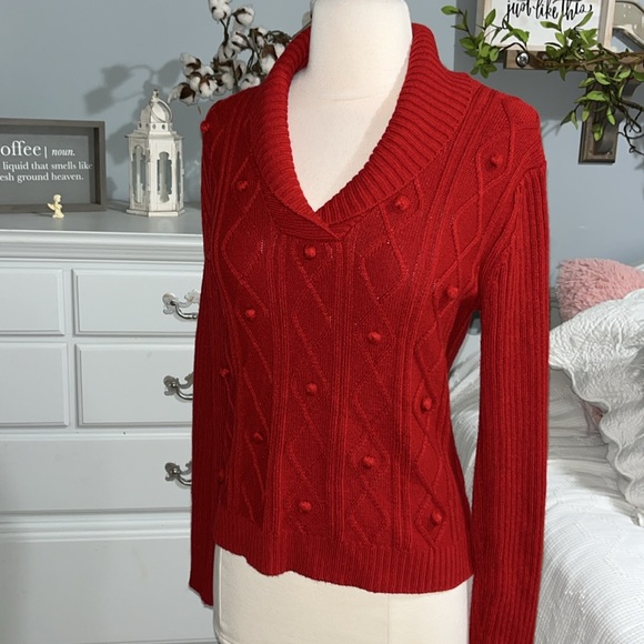 Evan Picone Red Acrylic Pom Pom Sweater Cable Knit Women Small Christmas Holiday - Picture 10 of 11